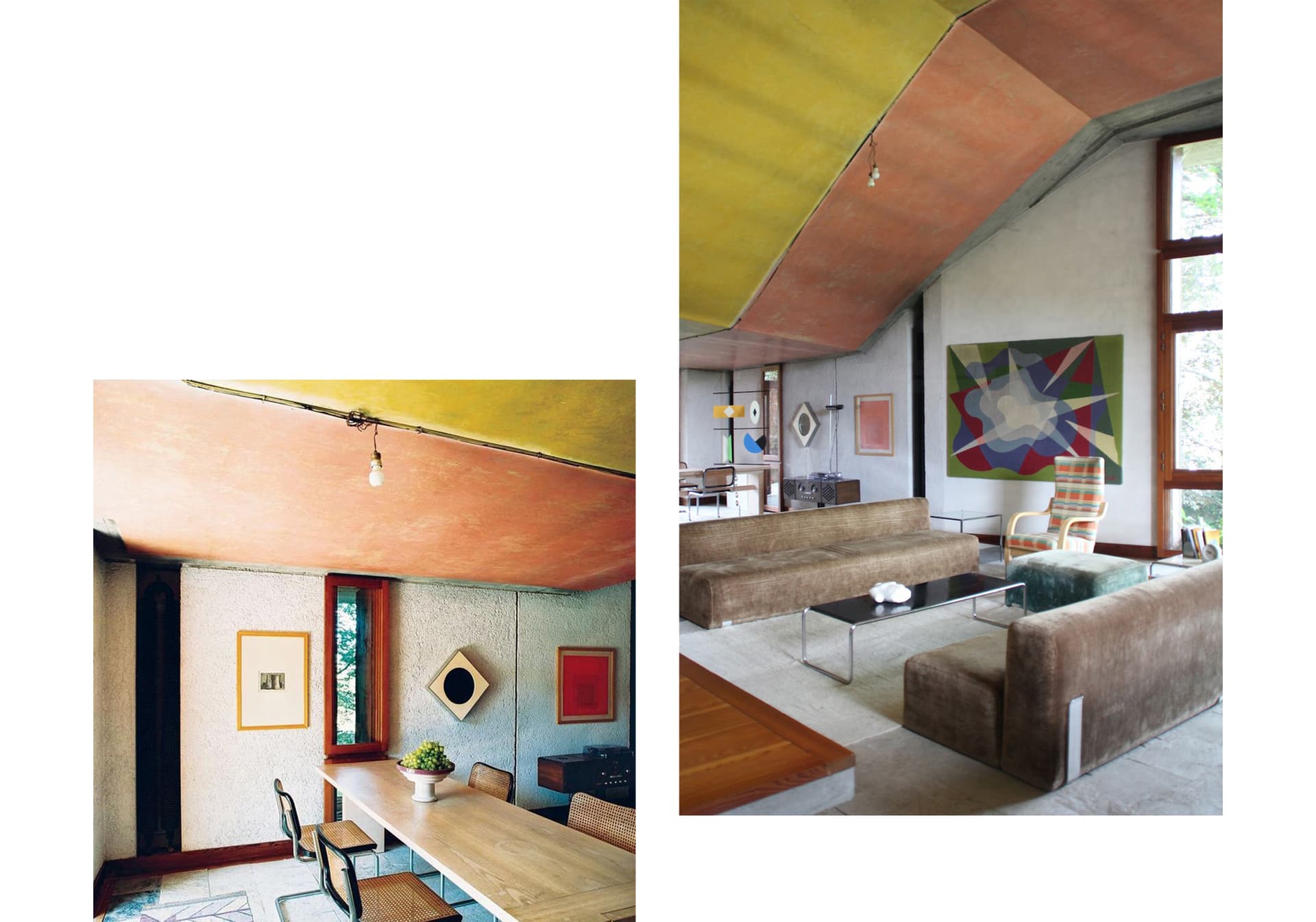 Two pictures of the interior of a colorful house.