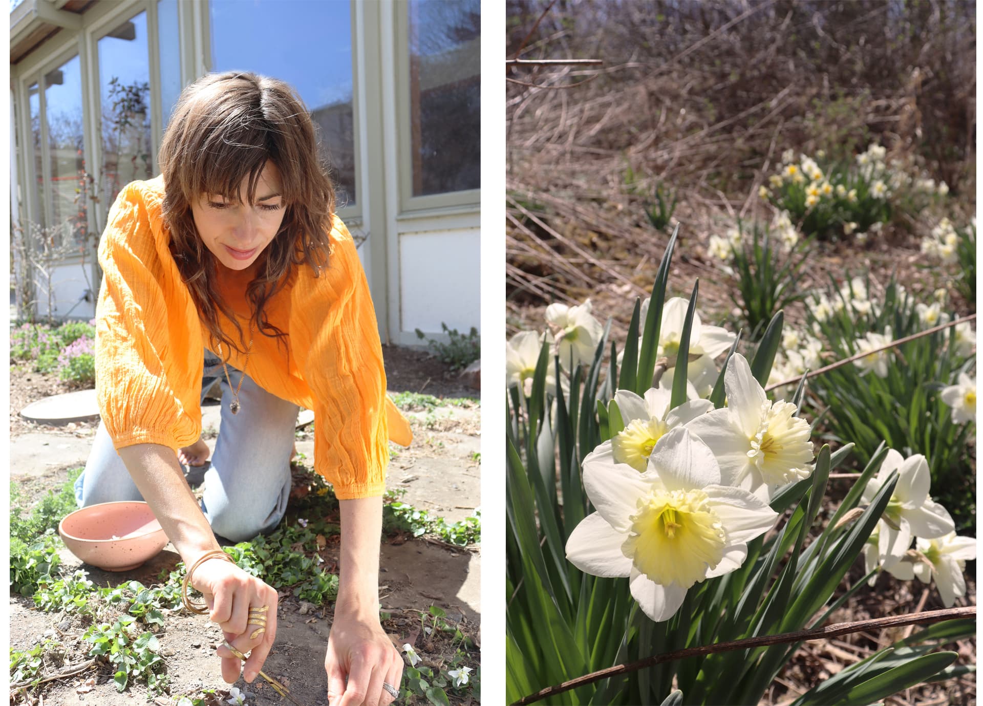 Two images. In the first, a woman wearing an orange blouse gardens. The second is a picture of a white flower.