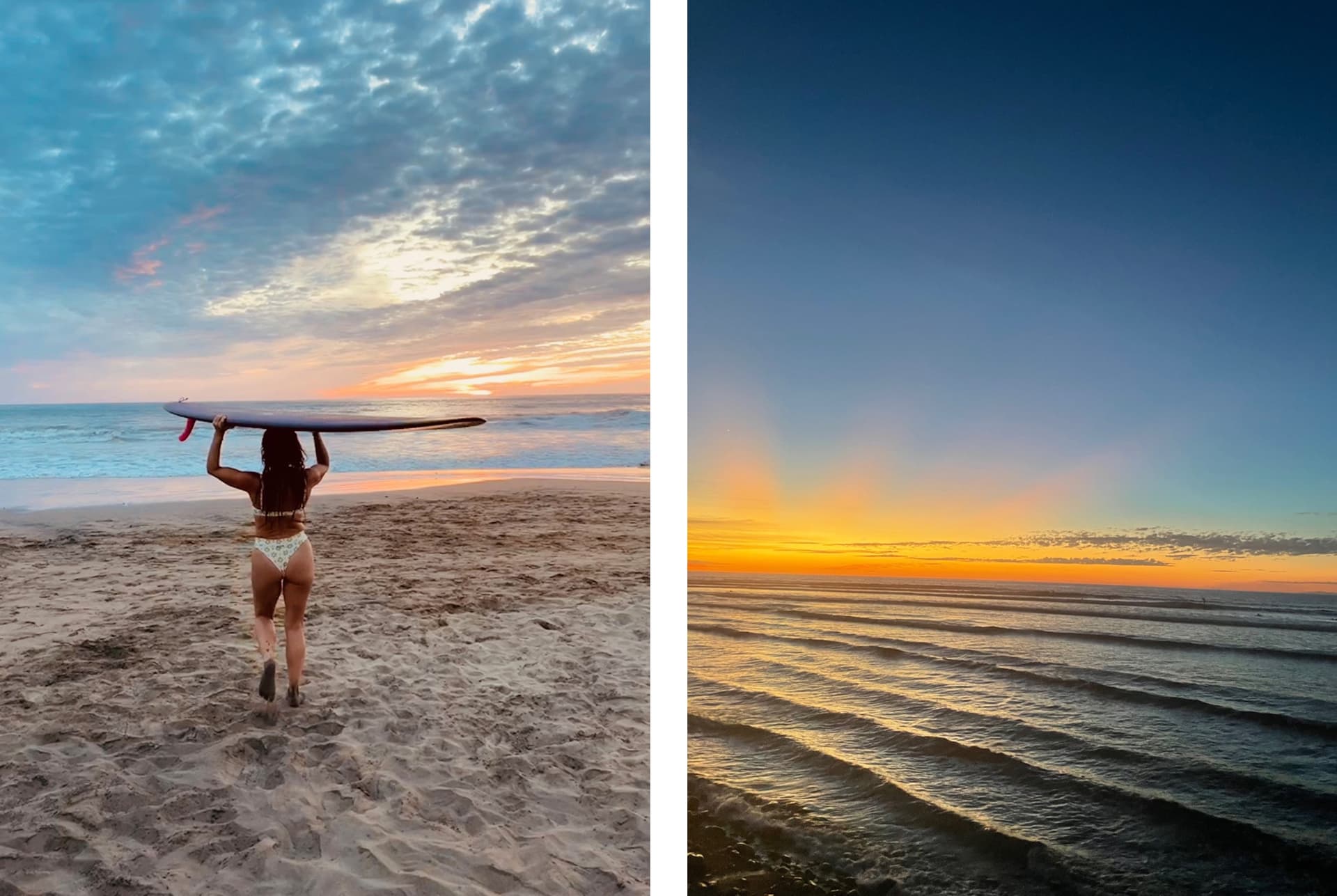 Two images of the beach. In the first, a woman walks and holds a surfboard over her head.