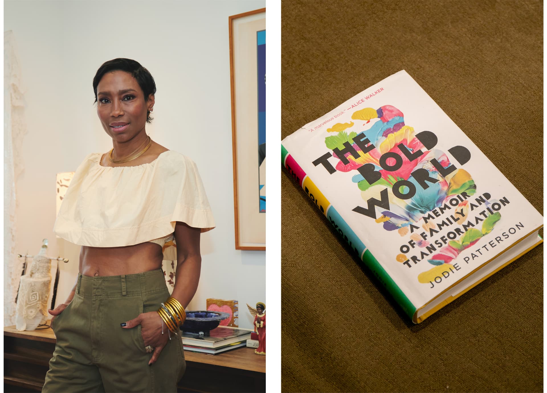 Two images. The first shows a woman wearing a cream top and green pants standing. The second shows the book The Bold World.