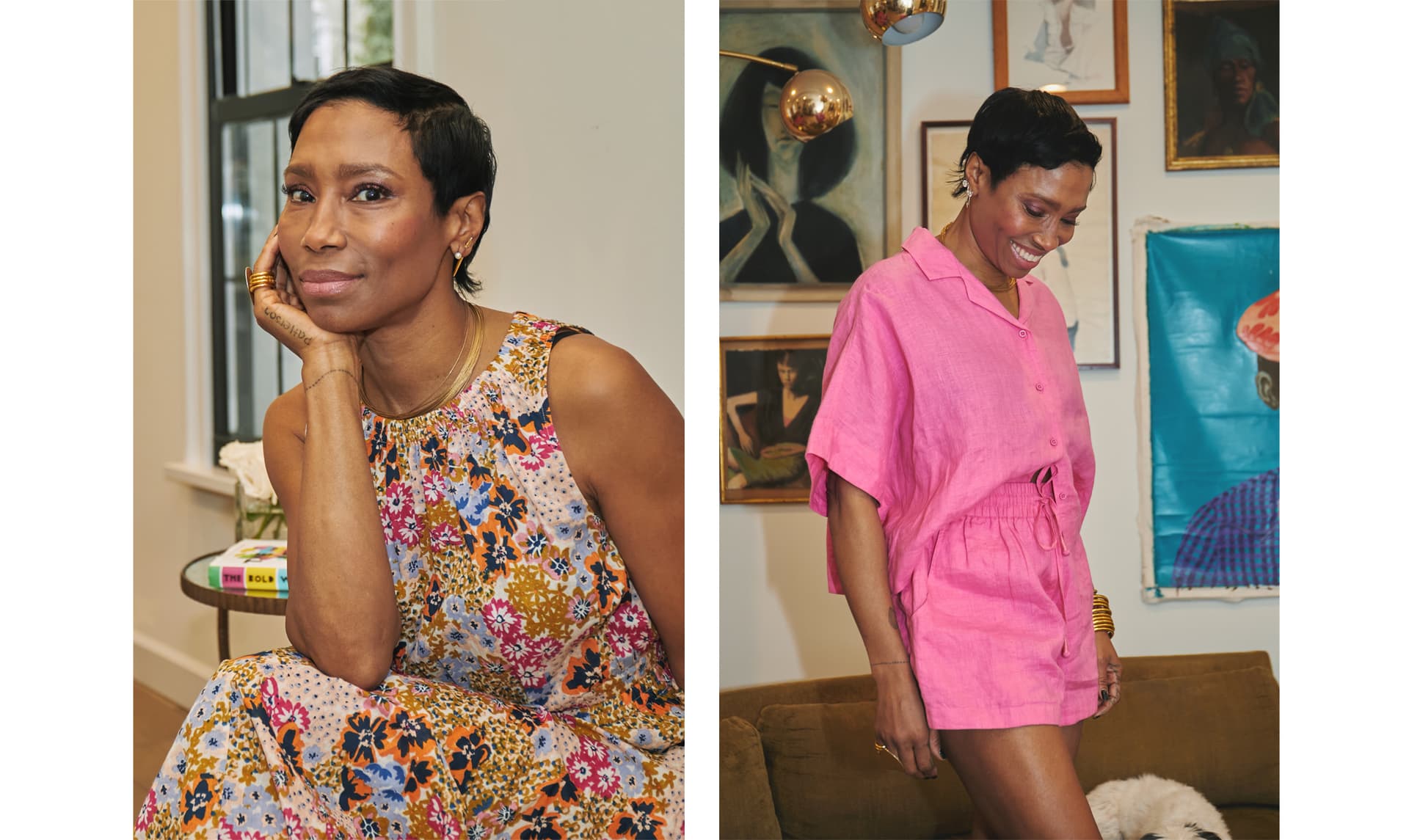 Two images. The first shows a woman in a patterned dress sitting and facing the camera. The second shows a woman in an all pink outfit standing in front of a wall of art.