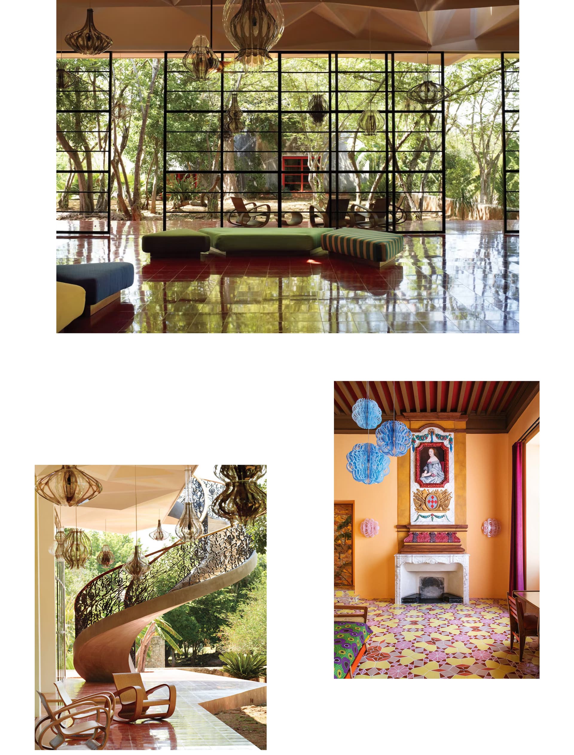 Three images of a colorful house and healthy landscape.