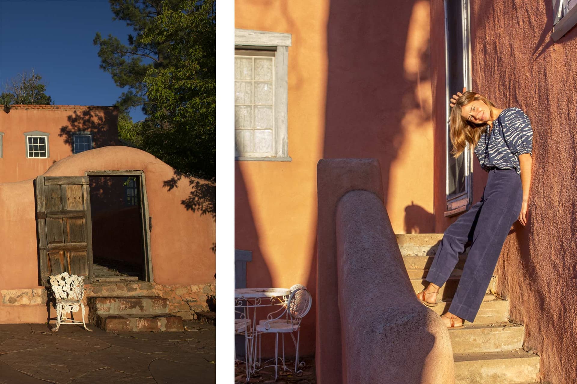 An orange home with a woman wearing dark clothes leaning against it.