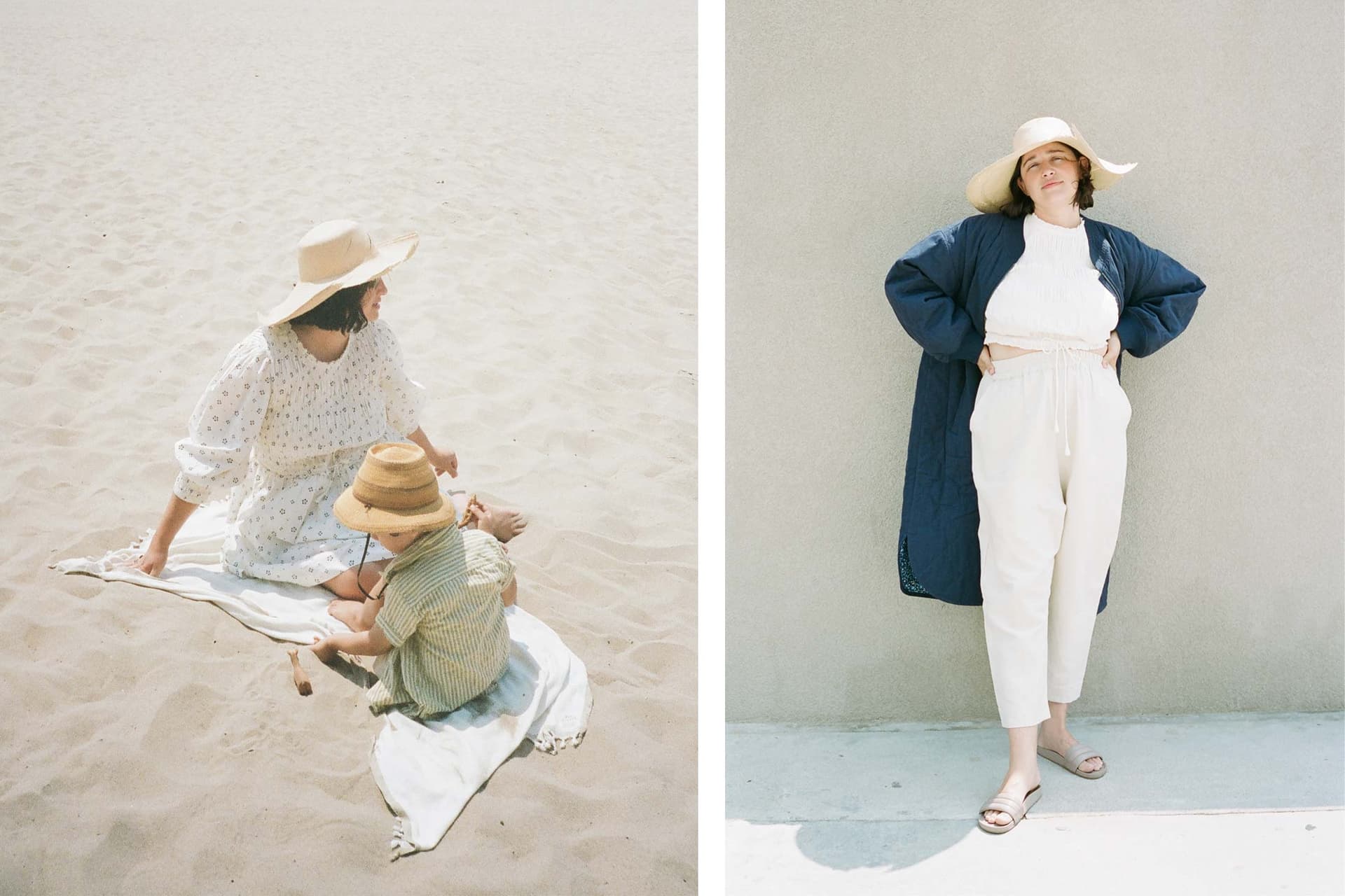 Two images. In the first, a woman and child sit on the beach. In the second, a woman stands outside wearing a white and blue outfit.