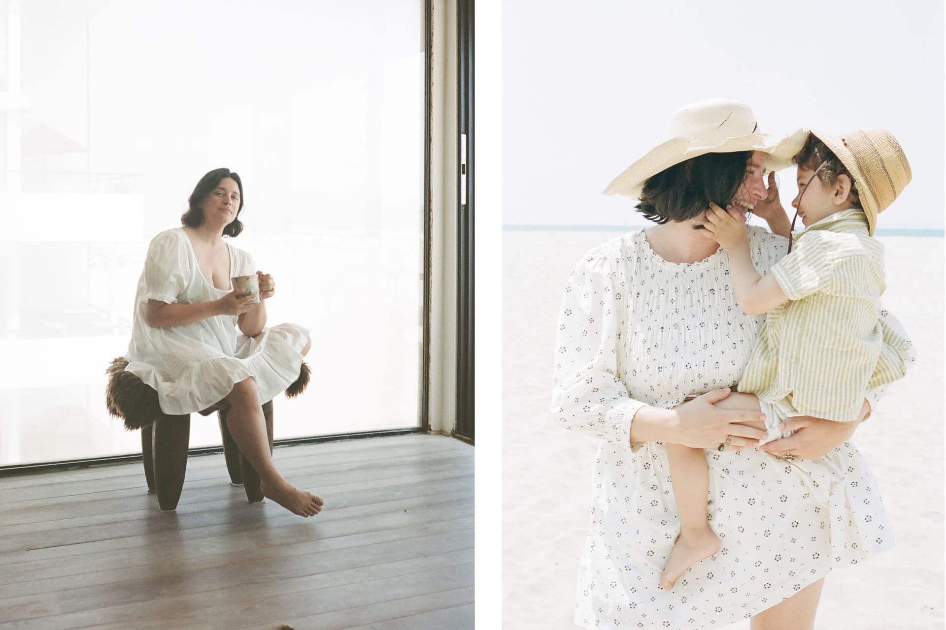 Two images. In the first, a woman wearing white sits on a stool. In the second, a woman holds a child on the beach.