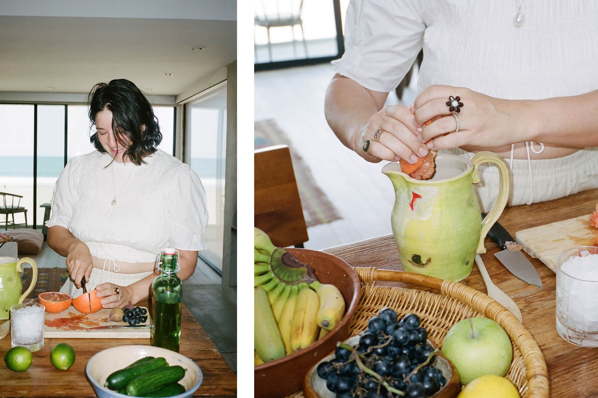 Two images. In the first, a woman prepares food. In the second, a woman prepares a drink.