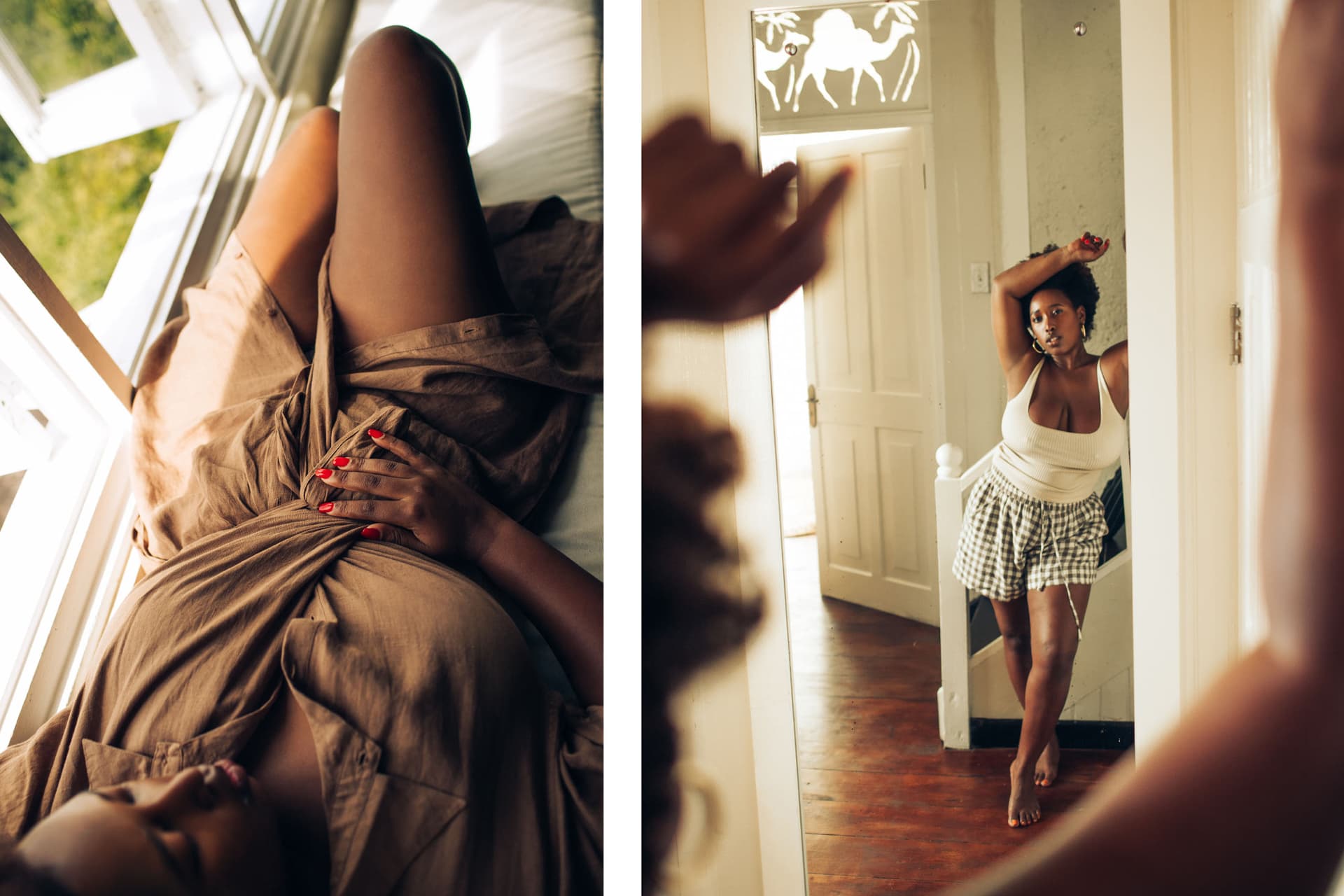 Two images. The first is of a woman wearing a brown dress sitting next to a window. The second is of a woman wearing a white tank top and printed shorts leaning against a doorway.