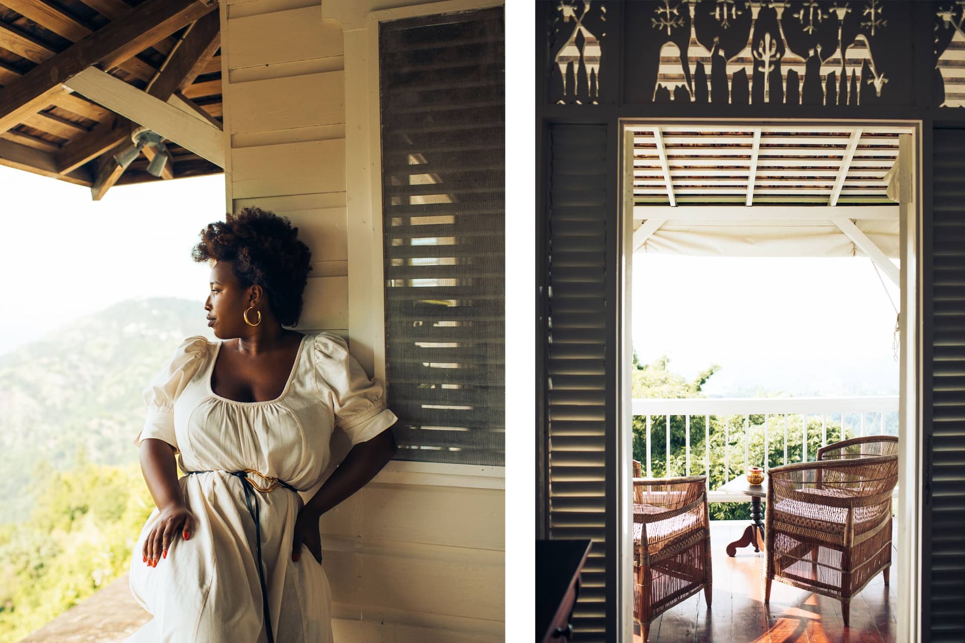 Two images. The first is of a woman outdoors leaning against a house. The second is of a well lit porch.