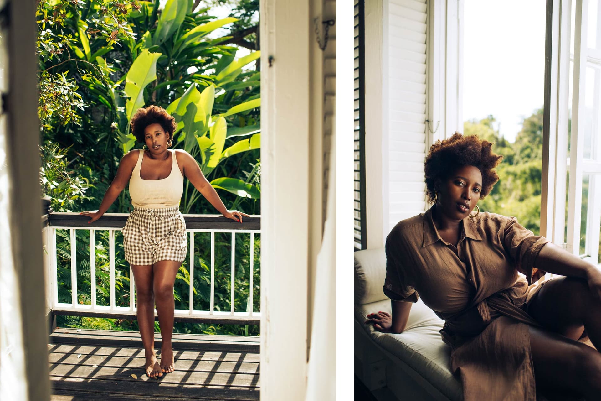 Two images. In the first, a woman wearing a white tank top and printed shorts leans against a railing outside. In the second, a woman wearing a brown dress lays on a couch next to a window.