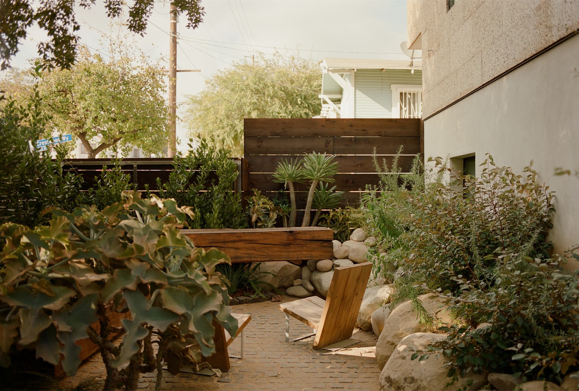 An exterior shot of a landscaped garden