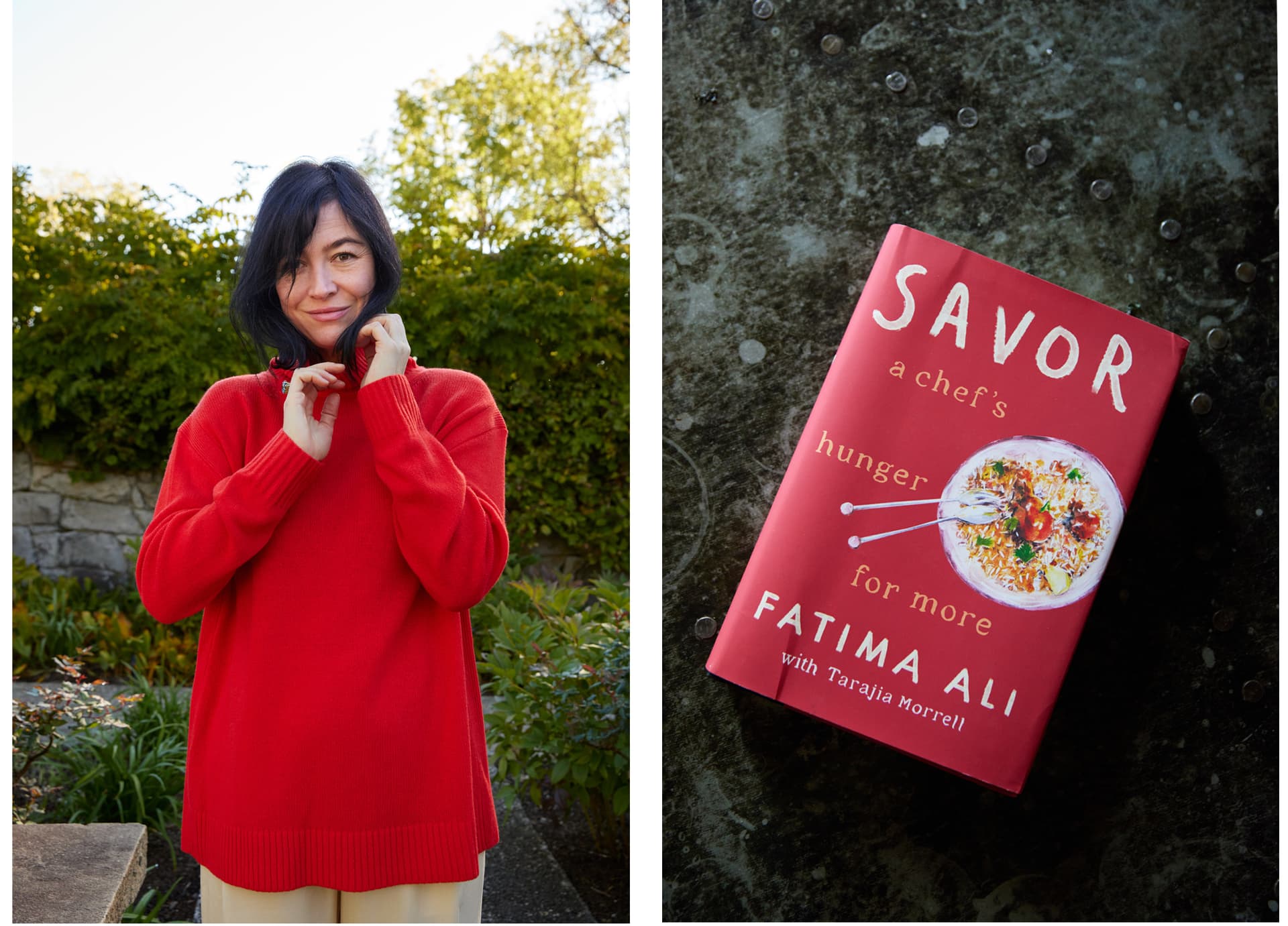 Two images. The first is of a woman standing outside wearing red. The second is of a red book cover.