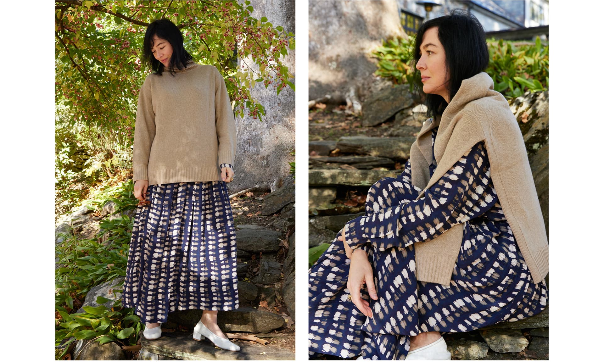 Two images of a woman outdoors wearing a brown sweater and printed skirt.